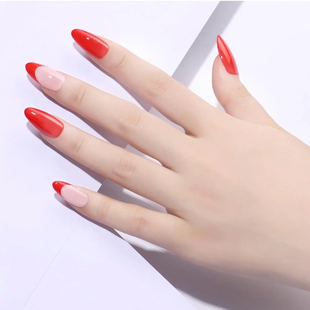 PaintLab Red Medium Almond Red French Manicure Press On Nails